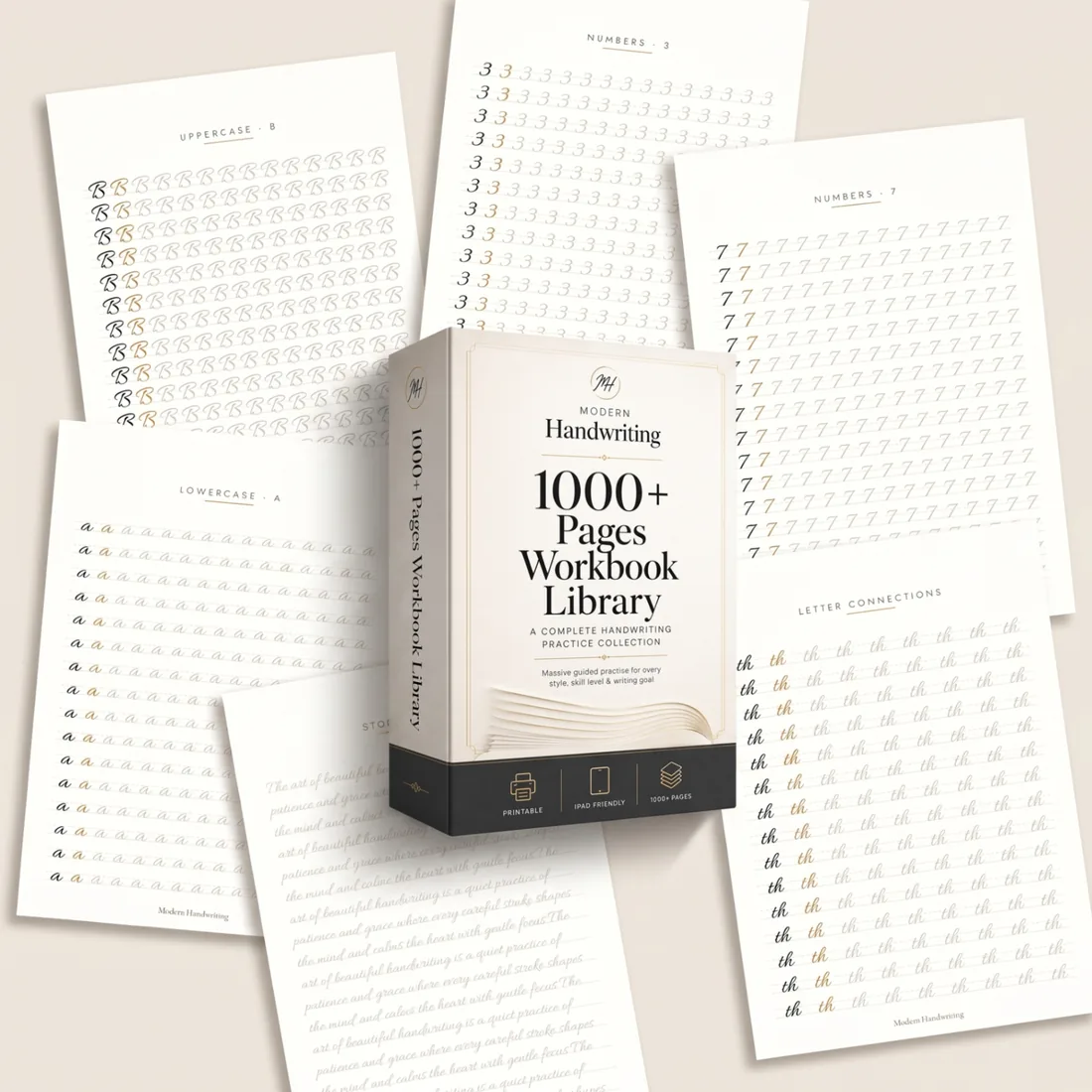 Stack of handwriting practice worksheets